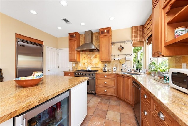 11803 Sortino Ct, Moorpark, CA 93021 - kitchen featuring wall chimney exhaust hood, high quality appliances, a sink, open shelves, and tasteful backsplash