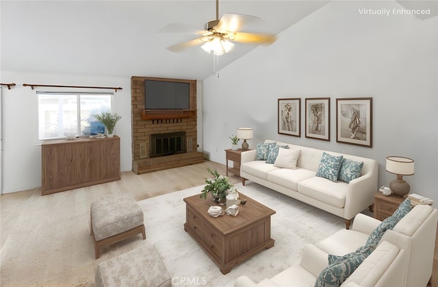 349 Silver Star Ct, Merced, CA 95348 - living area featuring ceiling fan, a brick fireplace, light wood-style floors, and high vaulted ceiling