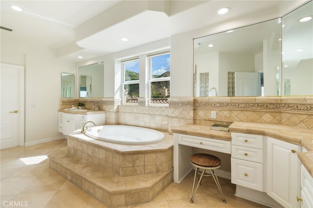 20112 Via Cellini, Porter Ranch, CA 91311 - full bath featuring tile patterned flooring, tasteful backsplash, a garden tub, recessed lighting, and vanity