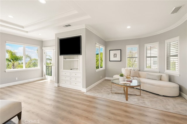 20112 Via Cellini, Porter Ranch, CA 91311 - living area featuring light wood-type flooring, crown molding, baseboards, recessed lighting, and a raised ceiling