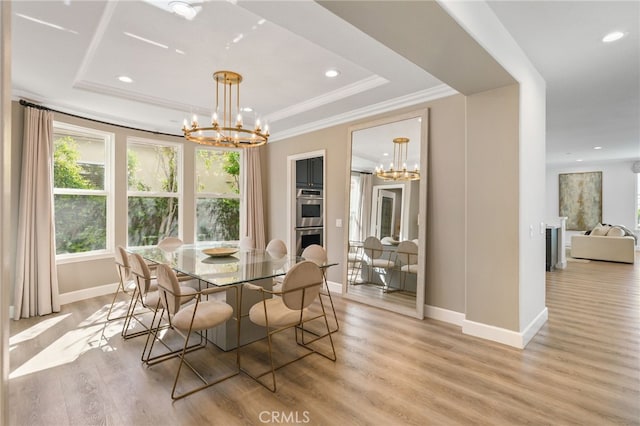 20112 Via Cellini, Porter Ranch, CA 91311 - dining area featuring a chandelier, a tray ceiling, baseboards, crown molding, and recessed lighting