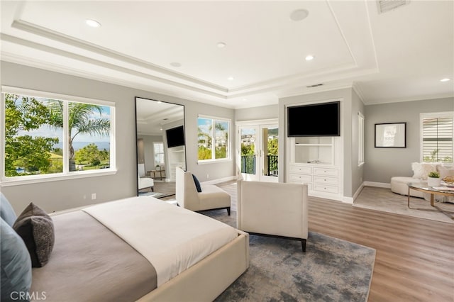 20112 Via Cellini, Porter Ranch, CA 91311 - bedroom with a tray ceiling, french doors, baseboards, ornamental molding, and wood finished floors