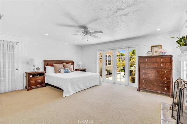 carpeted bedroom with access to exterior, ceiling fan, and recessed lighting