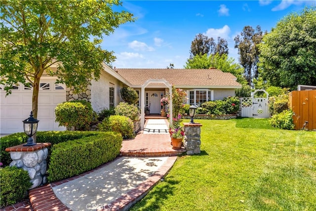 ranch-style house with stucco siding, a garage, and a gate