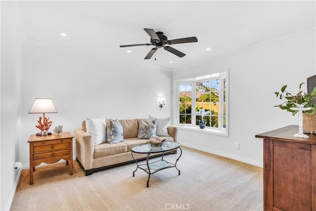 living room with baseboards, crown molding, light colored carpet, a ceiling fan, and recessed lighting