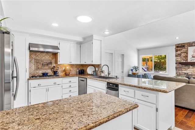 kitchen with a peninsula, a sink, stainless steel appliances, ventilation hood, and wood finished floors