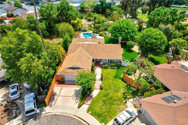 view from above of property featuring a pool