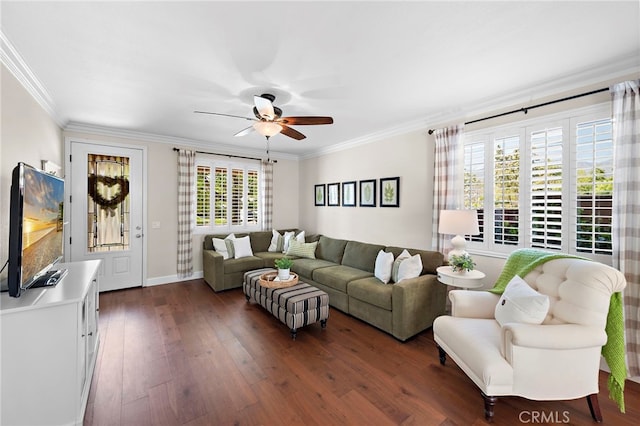 2 Anglesite, Rancho Santa Margarita, CA 92688 - living area featuring ceiling fan, crown molding, dark wood finished floors, and baseboards