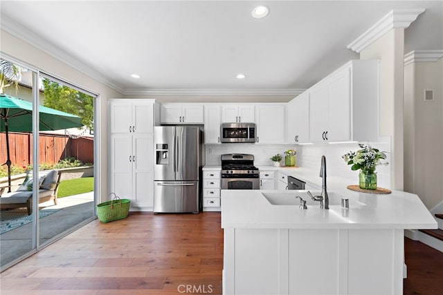 2 Anglesite, Rancho Santa Margarita, CA 92688 - kitchen featuring appliances with stainless steel finishes, light countertops, backsplash, white cabinetry, and crown molding