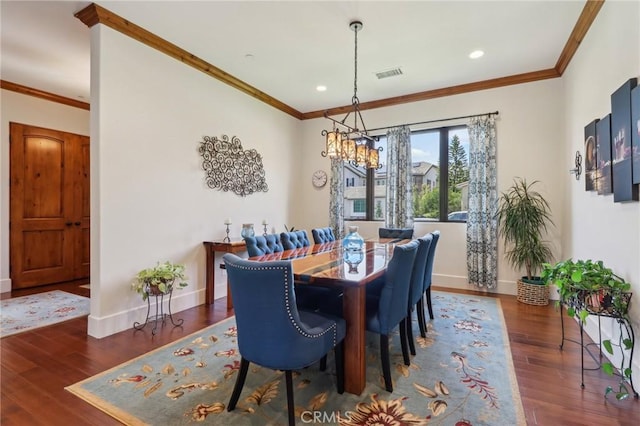 4004 Snowgoose St, Simi Valley, CA 93065 - dining room featuring baseboards, a chandelier, ornamental molding, wood finished floors, and recessed lighting