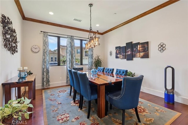 4004 Snowgoose St, Simi Valley, CA 93065 - dining area with baseboards, crown molding, wood finished floors, a chandelier, and recessed lighting