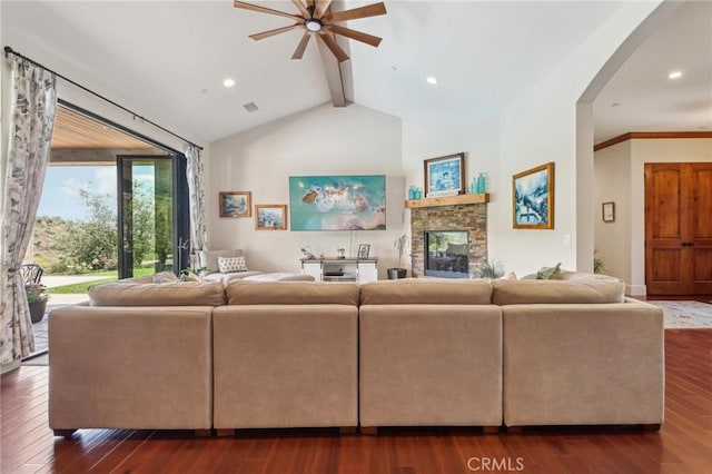 4004 Snowgoose St, Simi Valley, CA 93065 - living room with ceiling fan, arched walkways, dark wood-type flooring, recessed lighting, and a fireplace