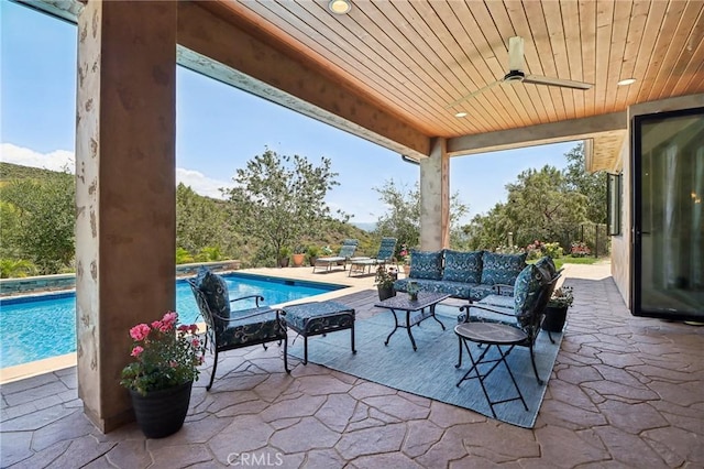 4004 Snowgoose St, Simi Valley, CA 93065 - view of patio / terrace featuring an outdoor hangout area, an outdoor pool, and ceiling fan