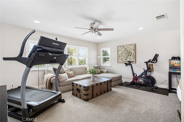 32429 Castle Ct, Temecula, CA 92592 - workout area with carpet flooring, ceiling fan, and recessed lighting