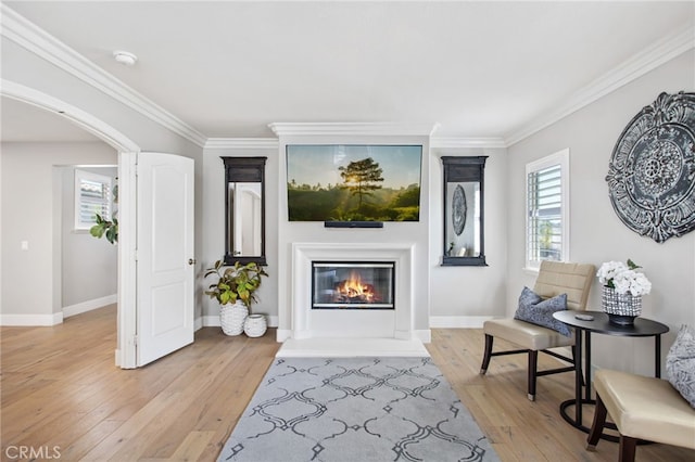 32429 Castle Ct, Temecula, CA 92592 - living area with light wood finished floors, a glass covered fireplace, crown molding, and arched walkways