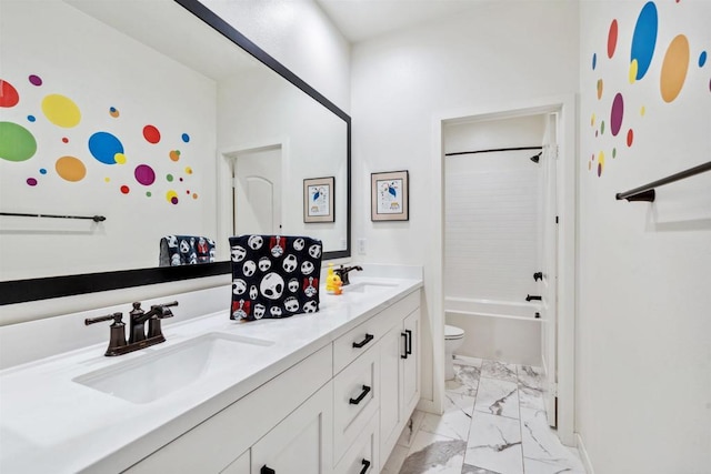 4203 Calle Del Vis, Oceanside, CA 92057 - bathroom with marble look tiles, double vanity, toilet, and bathtub / shower combination