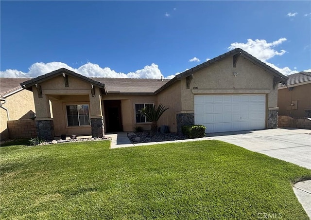 1800 Windermere Dr, Lancaster, CA 93534 - single story home with stucco siding, driveway, a garage, stone siding, and a front yard
