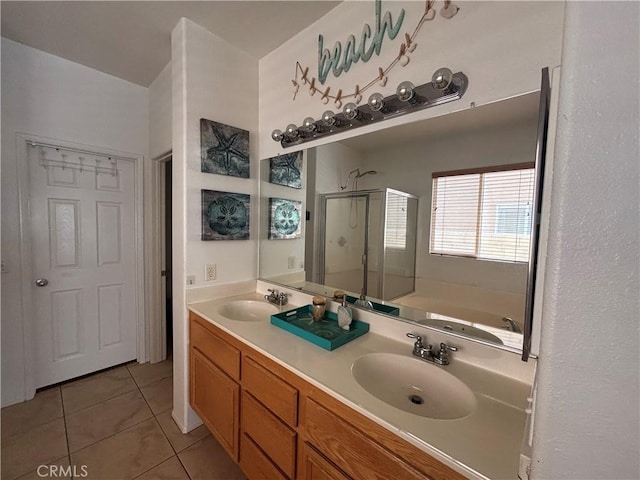 1800 Windermere Dr, Lancaster, CA 93534 - bathroom featuring a stall shower, tile patterned floors, double vanity, and a bath