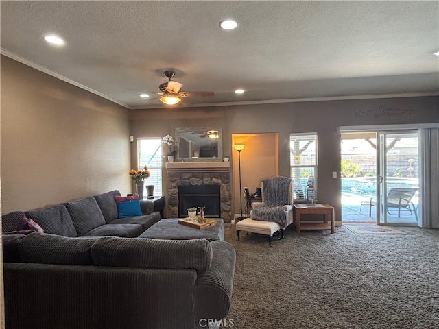 1800 Windermere Dr, Lancaster, CA 93534 - living room featuring carpet floors, crown molding, ceiling fan, healthy amount of natural light, and recessed lighting