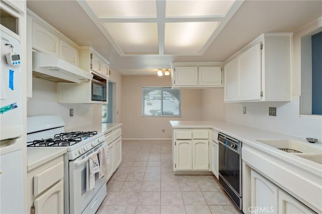 kitchen featuring white range with gas cooktop, black dishwasher, under cabinet range hood, a peninsula, and light countertops