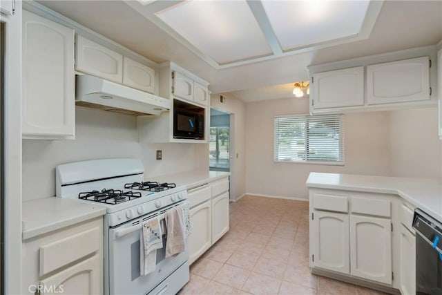 kitchen with white range with gas cooktop, under cabinet range hood, black microwave, light countertops, and dishwashing machine