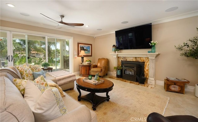 29784 Nautical Ct, Canyon Lake, CA 92587 - living room with a ceiling fan, crown molding, a high end fireplace, baseboards, and recessed lighting