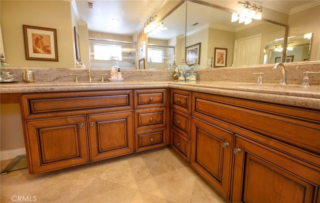 29784 Nautical Ct, Canyon Lake, CA 92587 - bathroom with double vanity, crown molding, and tile patterned floors