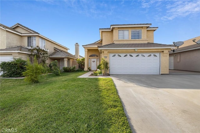 12018 Cherrywood Dr, Fontana, CA 92337 - traditional home with stucco siding, concrete driveway, an attached garage, and a front lawn
