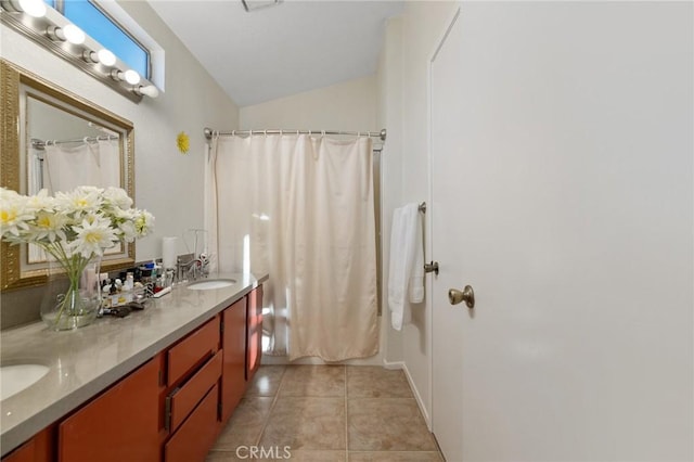 12018 Cherrywood Dr, Fontana, CA 92337 - full bath with double vanity, lofted ceiling, tile patterned flooring, and shower / tub combo with curtain