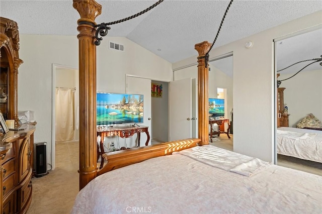 12018 Cherrywood Dr, Fontana, CA 92337 - carpeted bedroom with lofted ceiling and a textured ceiling