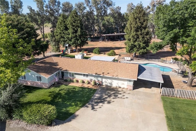 49 Bob Way, Oroville, CA 95965 - aerial view of property and surrounding area with a pool and a tree filled landscape