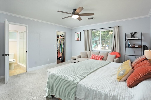 49 Bob Way, Oroville, CA 95965 - bedroom with ornamental molding, carpet, a walk in closet, connected bathroom, and a closet