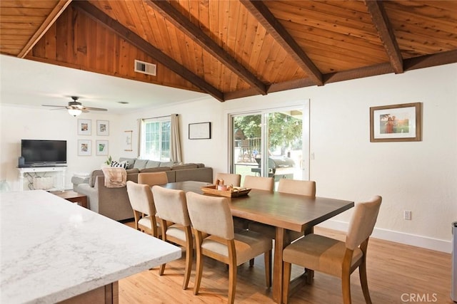 49 Bob Way, Oroville, CA 95965 - dining room featuring light wood-style floors, wood ceiling, baseboards, and ceiling fan
