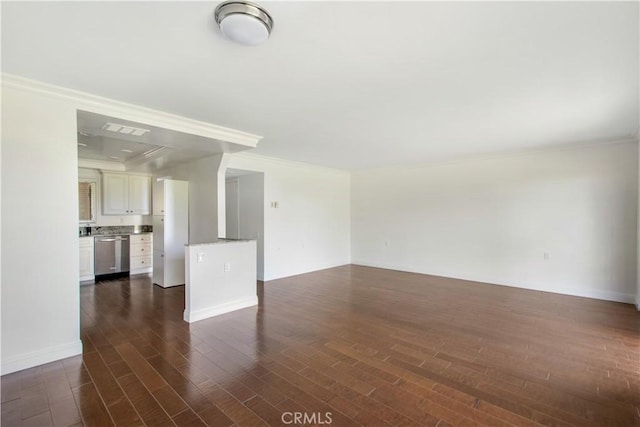 4004 Calle Sonora Oeste Unit 1F, Laguna Woods, CA 92637 - unfurnished living room featuring crown molding, dark wood-style flooring, and baseboards