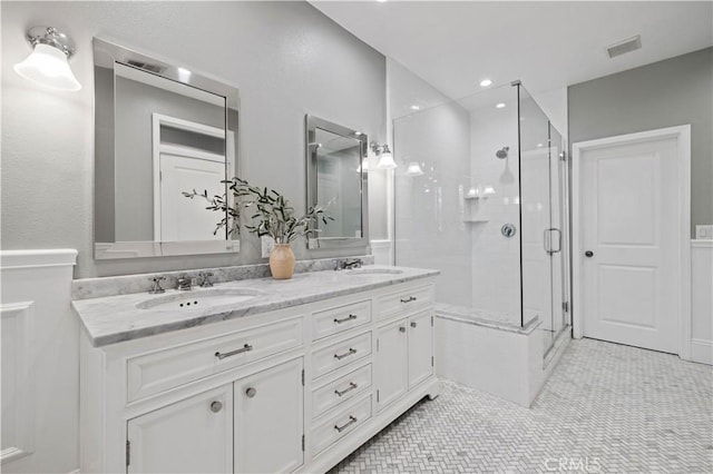 23423 Waterway Ln Unit 17, Valencia, CA 91355 - full bathroom featuring a stall shower, double vanity, tile patterned flooring, and recessed lighting