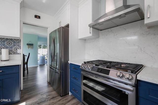 810 Selkirk St, Pasadena, CA 91103 - kitchen featuring stainless steel appliances, blue cabinetry, and wall chimney exhaust hood
