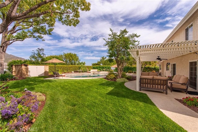 1280 Dumaine Ave, Oak Park, CA 91377 - view of green lawn featuring an outdoor hangout area, a pergola, a patio, and a ceiling fan