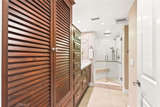 1280 Dumaine Ave, Oak Park, CA 91377 - bathroom featuring tile patterned flooring, vanity, a shower stall, baseboards, and recessed lighting