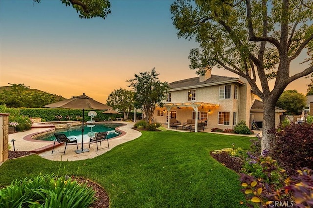 1280 Dumaine Ave, Oak Park, CA 91377 - back of property with a pergola, stucco siding, an outdoor pool, a yard, and a patio
