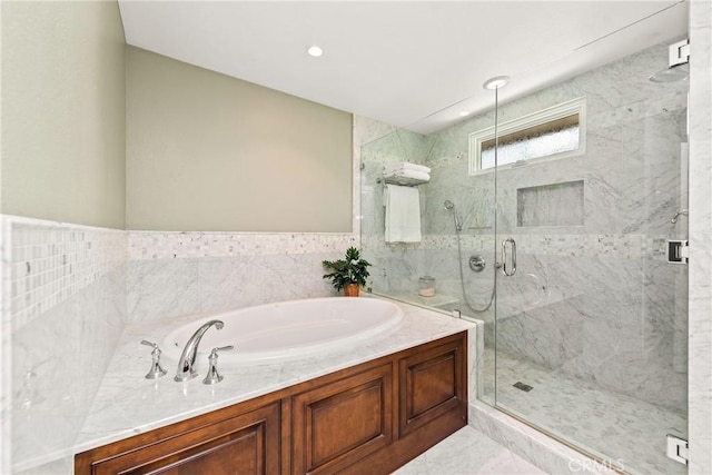 1280 Dumaine Ave, Oak Park, CA 91377 - bathroom featuring a bath, a marble finish shower, and recessed lighting