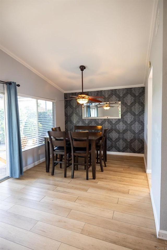 4843 Sumac Pl, Oceanside, CA 92057 - dining area featuring light wood-style floors, a ceiling fan, baseboards, crown molding, and lofted ceiling