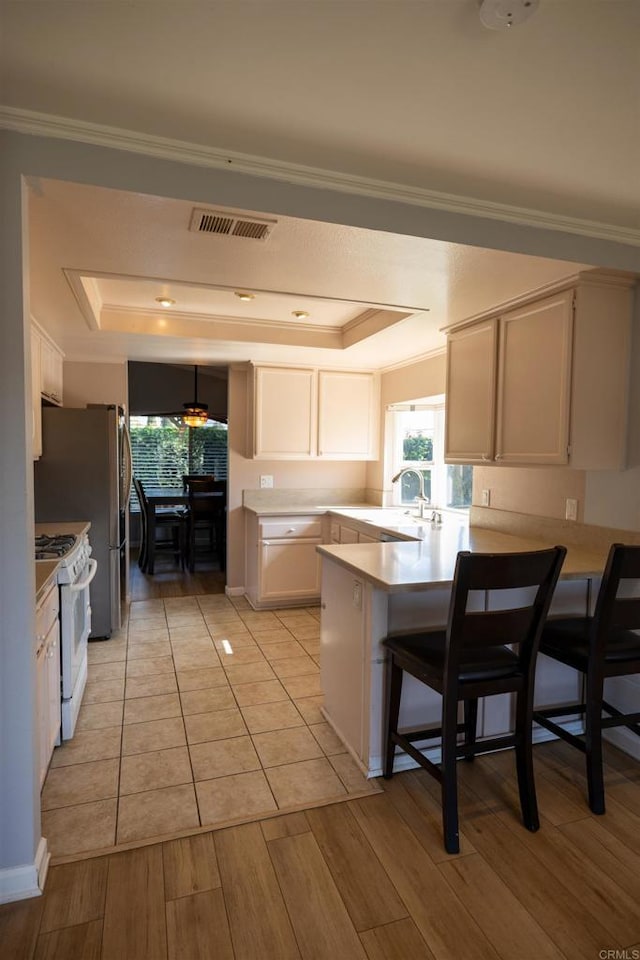 4843 Sumac Pl, Oceanside, CA 92057 - kitchen with a tray ceiling, white gas stove, a peninsula, ornamental molding, and light wood finished floors