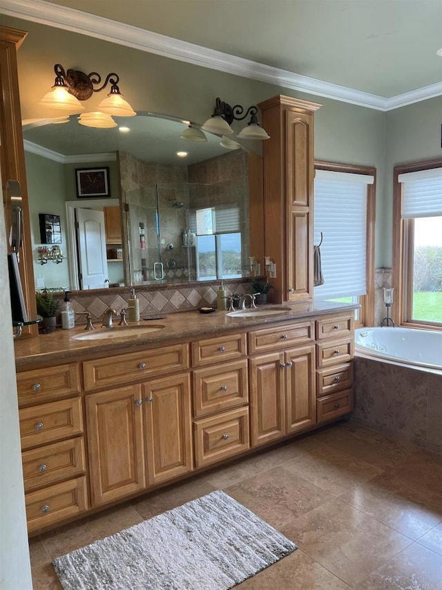 28623 Willow Park Rd, Escondido, CA 92026 - bathroom featuring a bath, double vanity, a stall shower, ornamental molding, and tile patterned flooring
