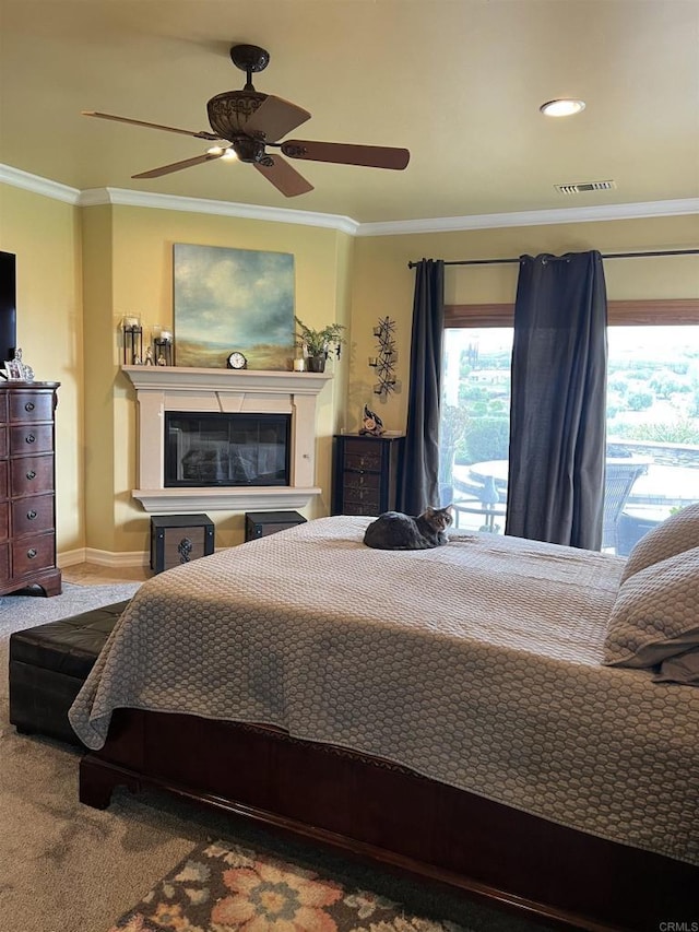 28623 Willow Park Rd, Escondido, CA 92026 - bedroom featuring access to exterior, carpet, crown molding, and ceiling fan