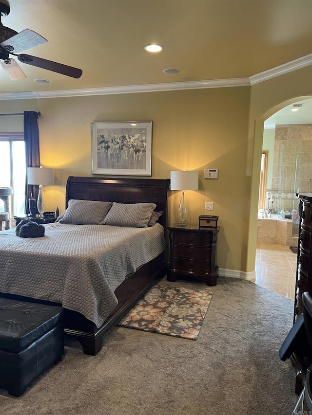28623 Willow Park Rd, Escondido, CA 92026 - carpeted bedroom with arched walkways, ornamental molding, recessed lighting, ceiling fan, and ensuite bathroom