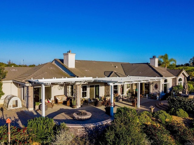 28623 Willow Park Rd, Escondido, CA 92026 - rear view of property with a pergola, a chimney, a patio, and an outdoor living space with a fire pit