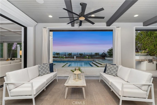 104 Scenic Crst, Irvine, CA 92618 - living room featuring beam ceiling, a ceiling fan, and recessed lighting