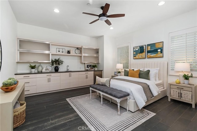 104 Scenic Crst, Irvine, CA 92618 - bedroom featuring wet bar, recessed lighting, dark wood-style flooring, and ceiling fan