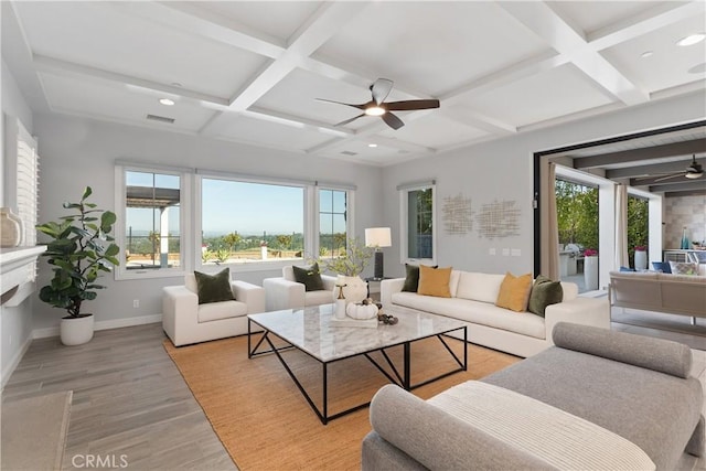 104 Scenic Crst, Irvine, CA 92618 - living area featuring ceiling fan, coffered ceiling, light wood finished floors, baseboards, and recessed lighting