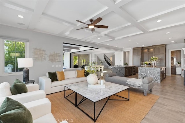 104 Scenic Crst, Irvine, CA 92618 - living room with coffered ceiling, a ceiling fan, light wood-style flooring, recessed lighting, and beamed ceiling